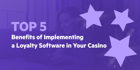 Featured image highlighting the top 5 benefits of implementing a loyalty software in a casino, with a smiling woman using a laptop and star graphics on a purple background.