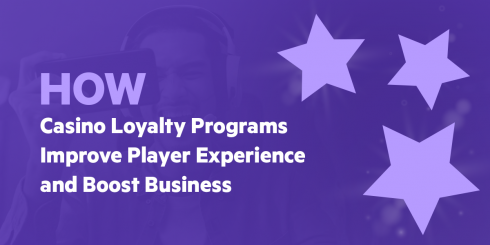 Casino loyalty program concept with excited player holding a tablet, overlaid with stars and the title ‘How Casino Loyalty Programs Improve Player Experience and Boost Business’”
