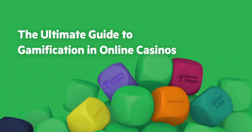 Colorful 3D blocks labeled with gamification tools like LoyaltyEngine, BonusEngine, and PrizeEngine, with the title “The Ultimate Guide to Gamification in Online Casinos” on a green background.