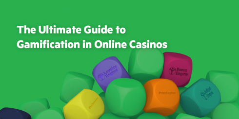 Colorful 3D blocks labeled with gamification tools like LoyaltyEngine, BonusEngine, and PrizeEngine, with the title “The Ultimate Guide to Gamification in Online Casinos” on a green background.