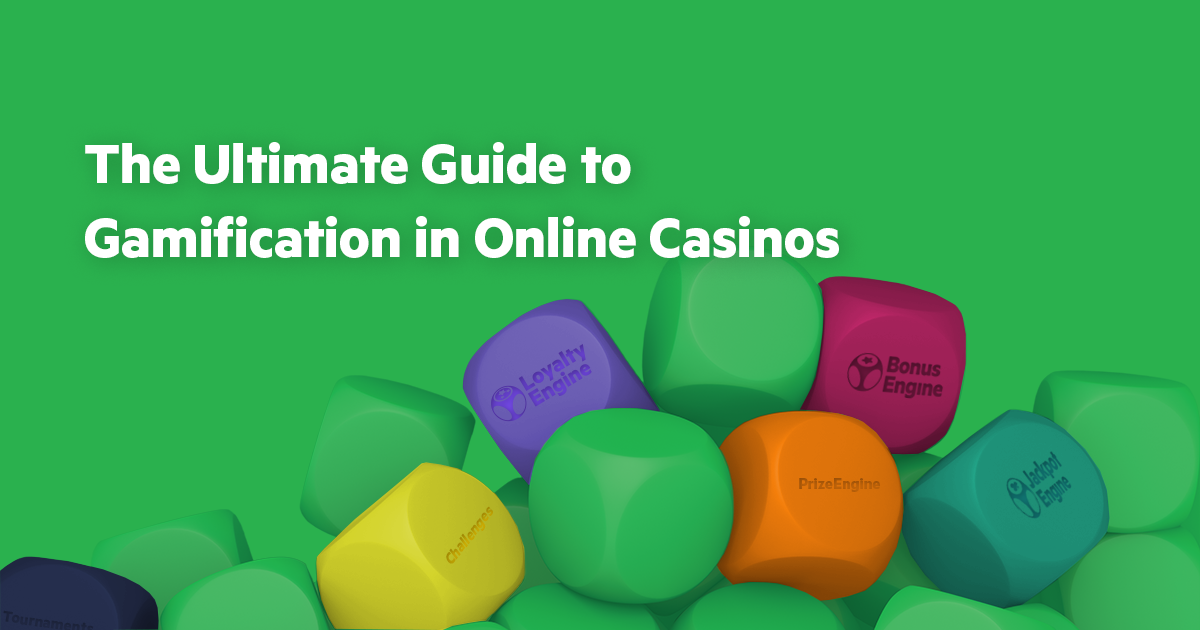 Colorful 3D blocks labeled with gamification tools like LoyaltyEngine, BonusEngine, and PrizeEngine, with the title “The Ultimate Guide to Gamification in Online Casinos” on a green background.