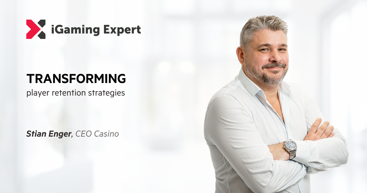 Stian Enger, CEO of Casino, standing confidently with arms crossed, wearing a light shirt and watch, featured in an iGB promotional graphic with the text 'Transforming player retention strategies'.