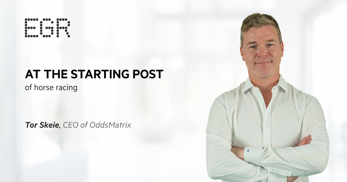 Tor Skeie, CEO of OddsMatrix, standing confidently with arms crossed, featured in an EGR promotional graphic titled 'At the Starting Post of Horse Racing