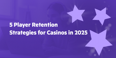 Purple visual with the title "5 Player Retention Strategies for Casinos in 2025" overlaid on a background image of a smiling person using a laptop, with decorative stars on the right side.