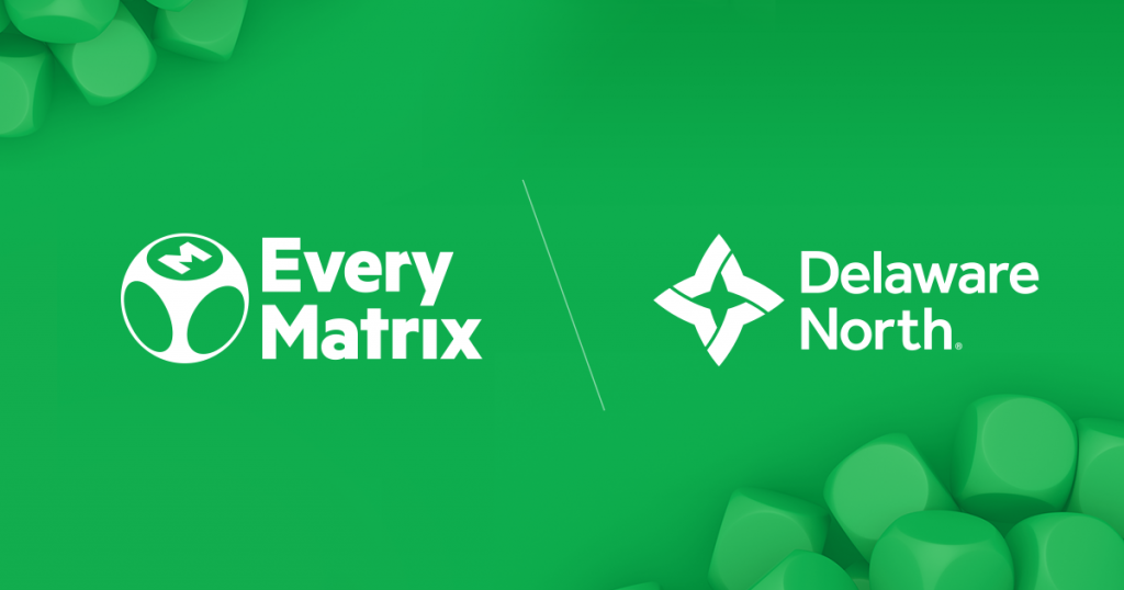 Green background featuring EveryMatrix logo and Delaware North logo, with some visual green cubes in the corners