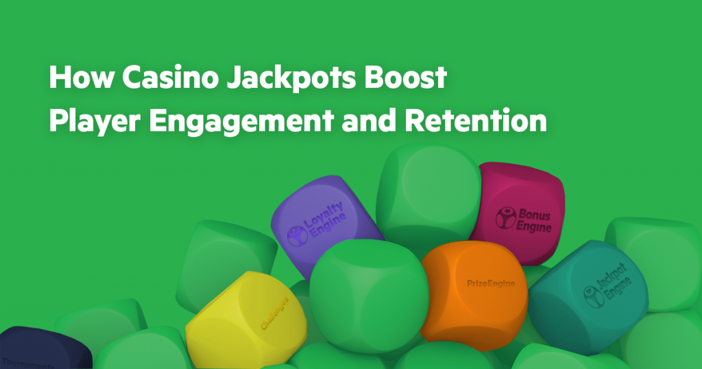 Colorful cubes labeled with gamification tools like LoyaltyEngine, BonusEngine, and JackpotEngine beneath the headline “How Casino Jackpots Boost Player Engagement and Retention” on a green background.