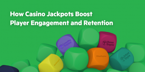 Colorful cubes labeled with gamification tools like LoyaltyEngine, BonusEngine, and JackpotEngine beneath the headline “How Casino Jackpots Boost Player Engagement and Retention” on a green background.