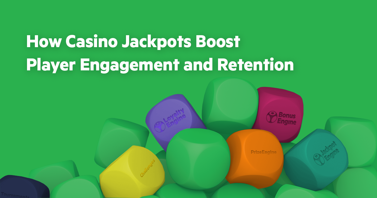 Colorful cubes labeled with gamification tools like LoyaltyEngine, BonusEngine, and JackpotEngine beneath the headline “How Casino Jackpots Boost Player Engagement and Retention” on a green background.