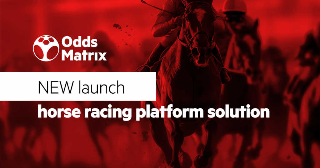 Image depicting a horse race with OddsMatrix logo and the following text: New Launch, horse racing platform solution