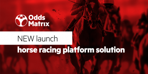 Image depicting a horse race with OddsMatrix logo and the following text: New Launch, horse racing platform solution