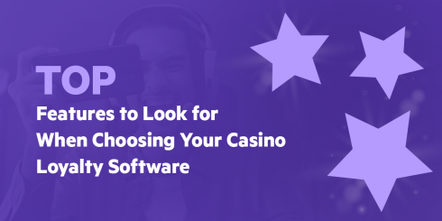 Graphic with the headline 'Top Features to Look for When Choosing Your Casino Loyalty Software' on a purple background with three large star icons and a smiling person wearing headphones in the background.