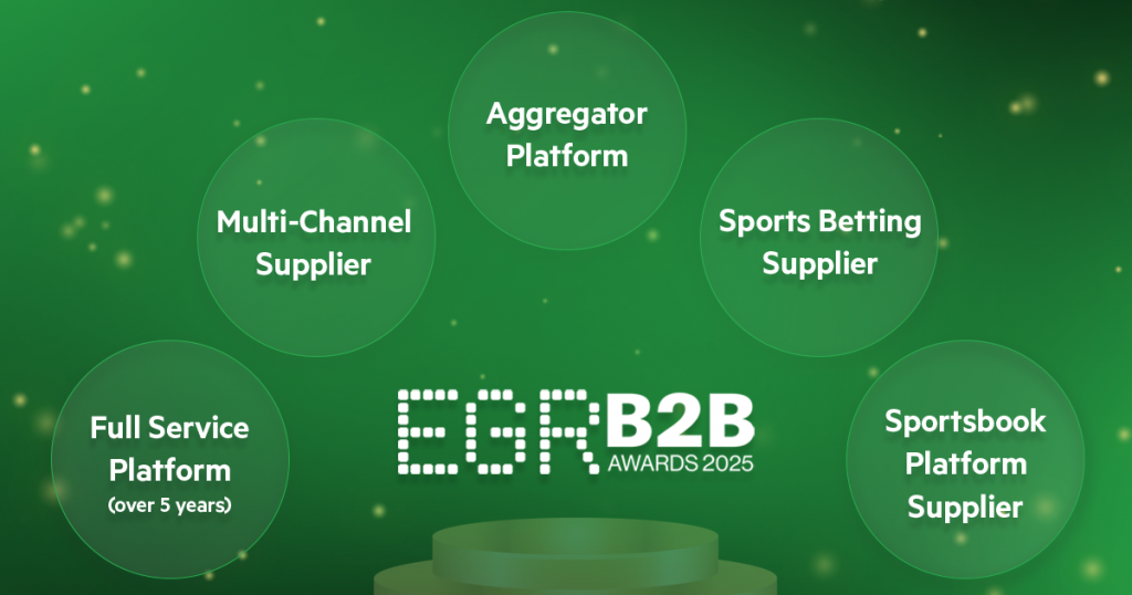 Image on green background, EGR B2B Awards 2025 logo, and the 5 listed awards: Aggregator of the year, multi-channel supplier, sports betting supplier, full service platform (over 5 years), sportsbook platform supplier