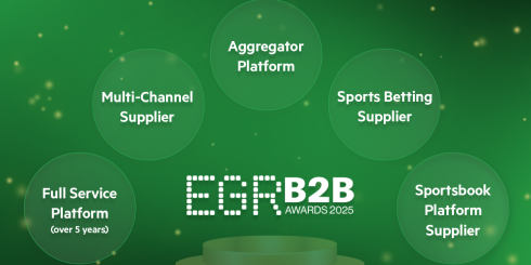 Image on green background, EGR B2B Awards 2025 logo, and the 5 listed awards: Aggregator of the year, multi-channel supplier, sports betting supplier, full service platform (over 5 years), sportsbook platform supplier