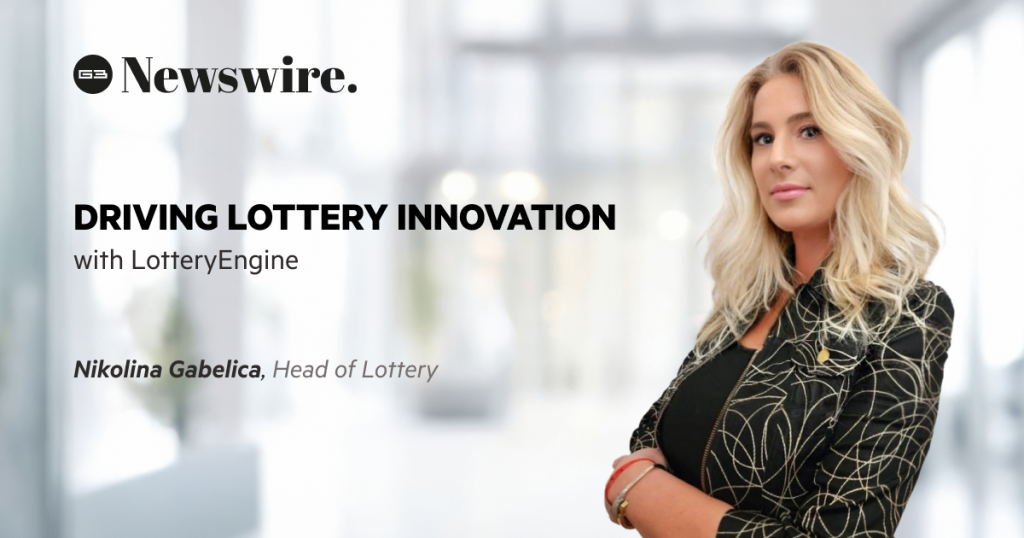 Blurry background of a standard office room, with a picture of Nikolina Gabelica, EveryMatrix Head of Lottery, G3 Newswire logo, and the text: LotteryEngine Powering Digital Transformation