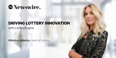 Blurry background of a standard office room, with a picture of Nikolina Gabelica, EveryMatrix Head of Lottery, G3 Newswire logo, and the text: LotteryEngine Powering Digital Transformation