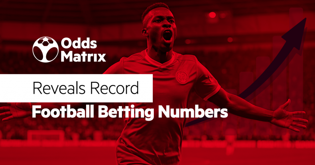 image in red background with a football player celebrating, OddsMatrix logo and text saying: Reveals Record Football Betting Numbers