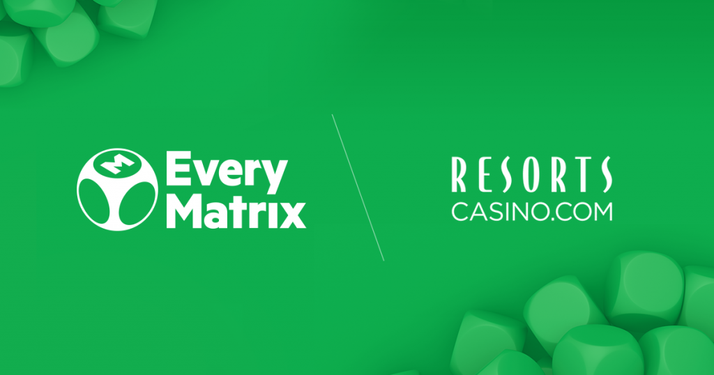 Green background with EveryMatrix logo and Resorts casino.com logo