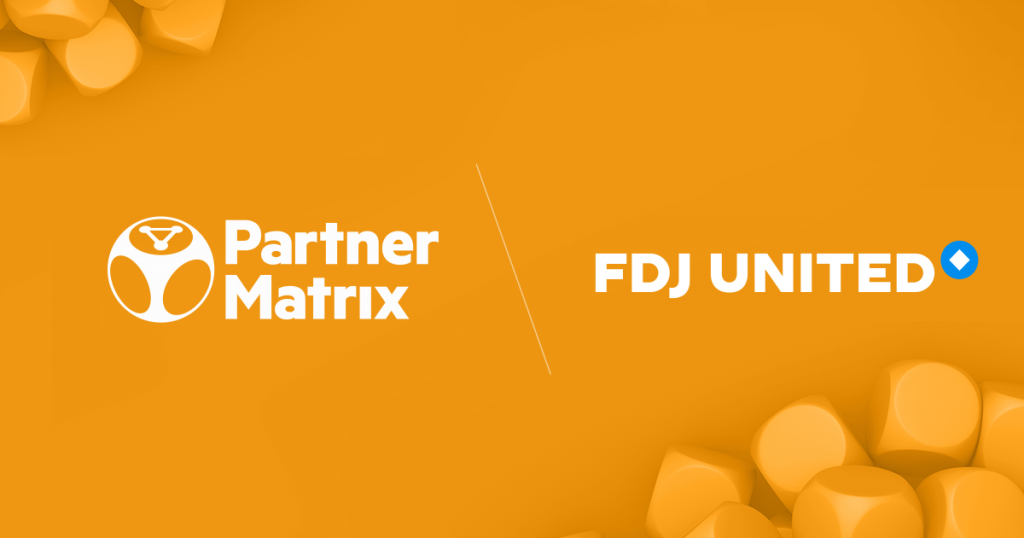 Image in organe background with orange cubes at the corners and PartnerMatrix and FDJ United logo
