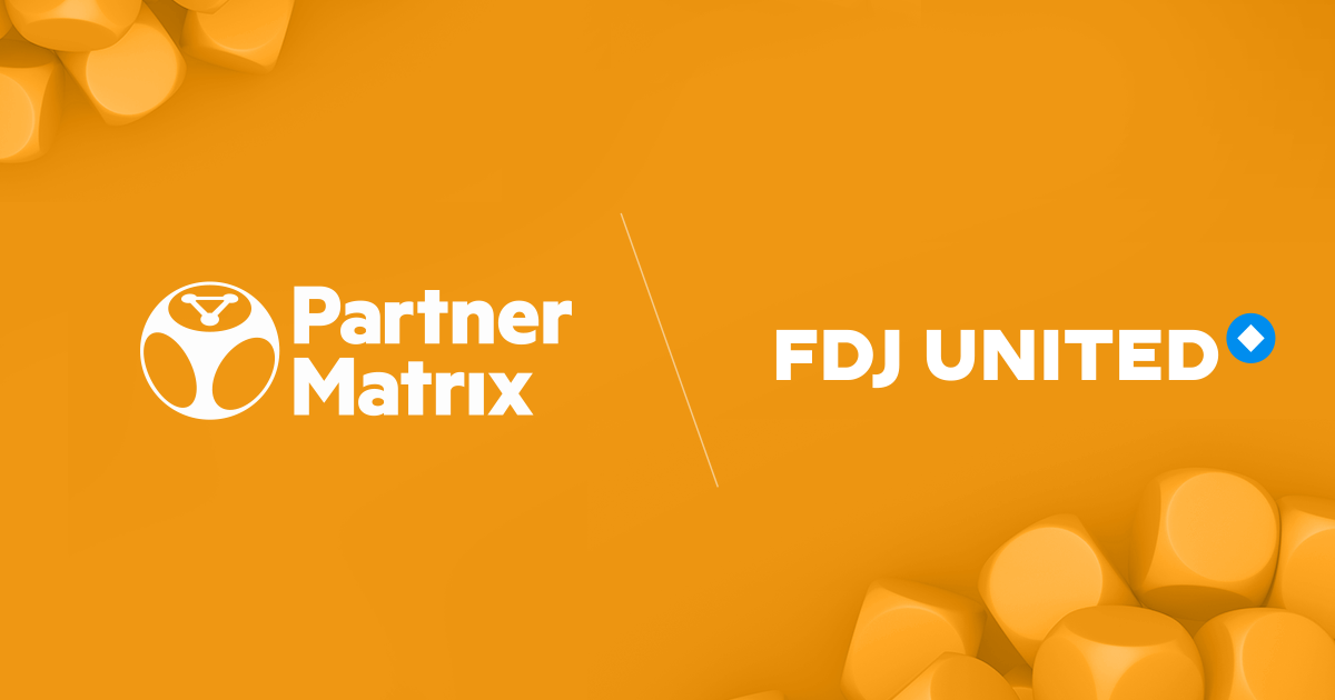 Image in organe background with orange cubes at the corners and PartnerMatrix and FDJ United logo