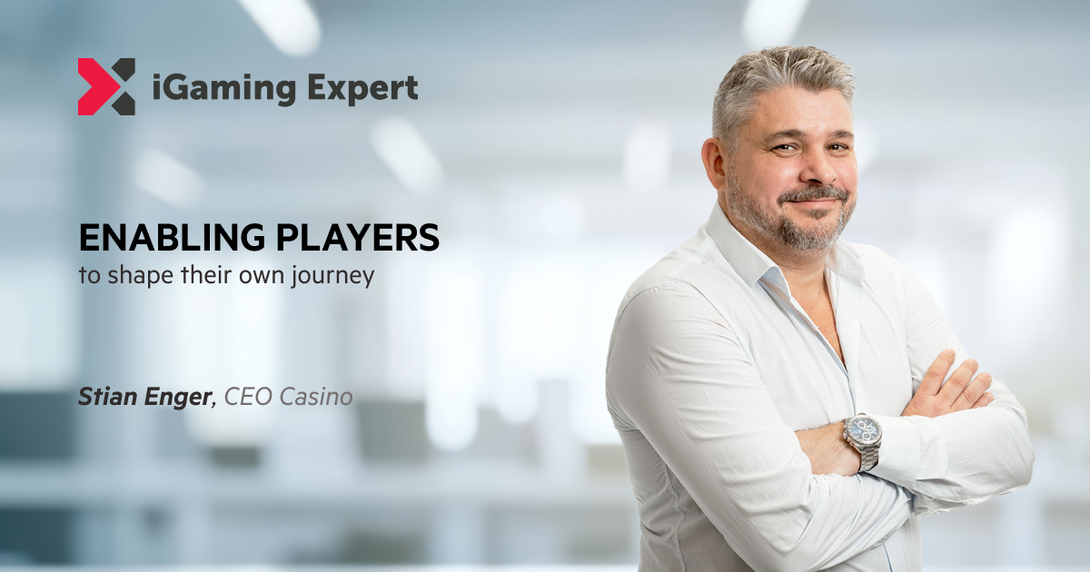 Image of Stian Enger, CEO Casino EveryMatrix, with a blurry background portraying an office room, iGaming Expert logo, and the text: Enabling players to shape their own journey
