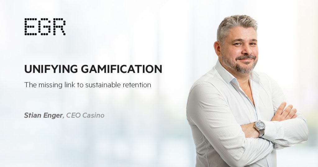 office background with EGR logo, picture of Stian Enger, CEO Casino EveryMatrix, and the text Unifying gamification, the missing link to sustainable retention