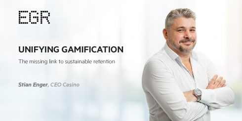 office background with EGR logo, picture of Stian Enger, CEO Casino EveryMatrix, and the text Unifying gamification, the missing link to sustainable retention